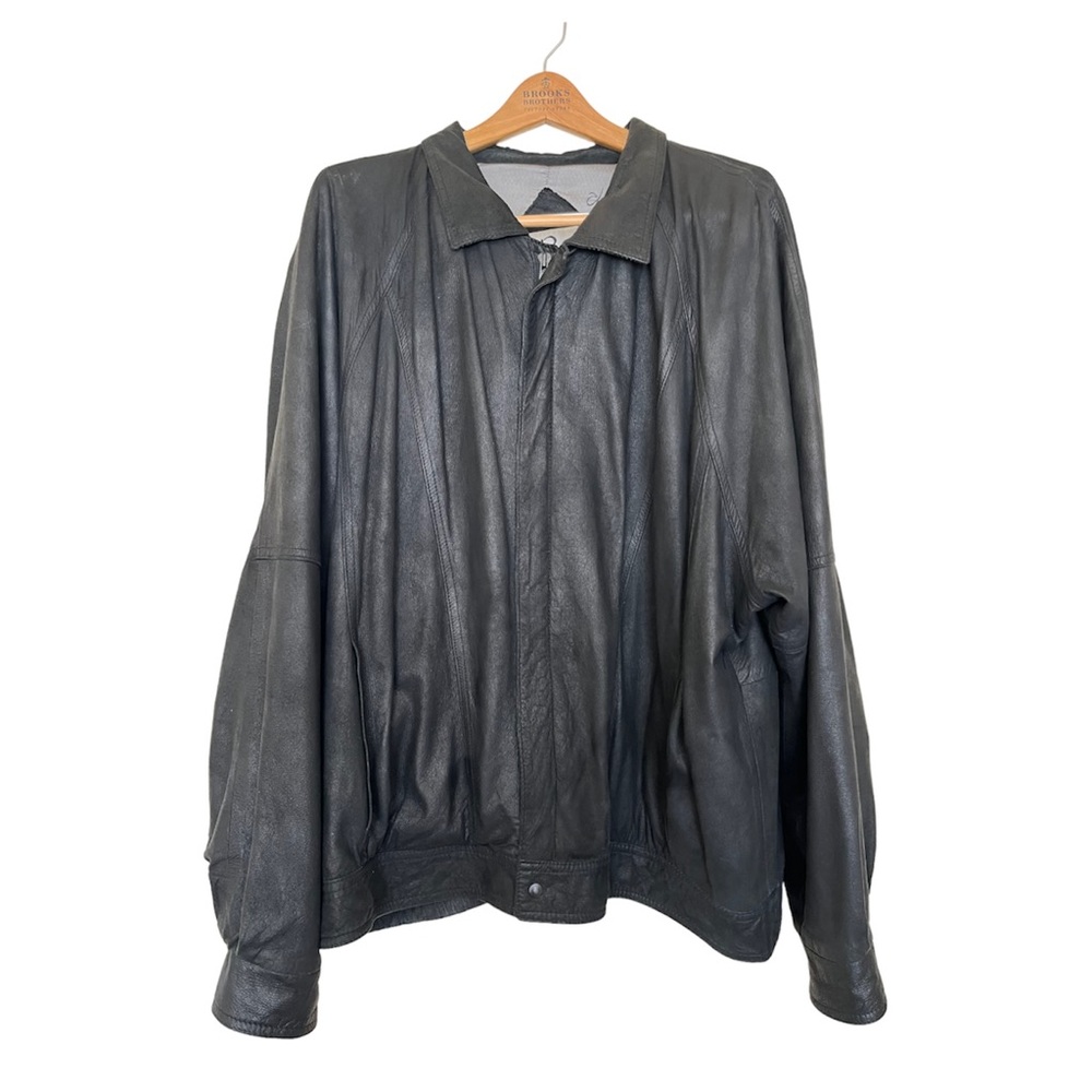 VTG REMY Men's 50'' Large Collar Leather Bomber Jacket Lambskin Black